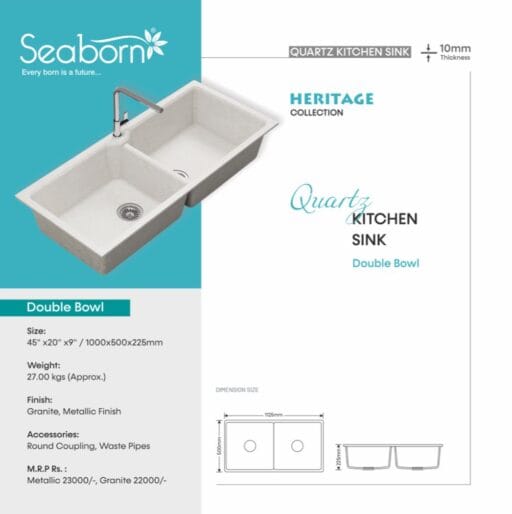 Quartz Kitchen Sink (45x20x9 Inch) Double Bowl - Image 2