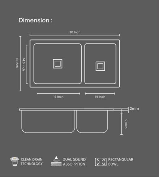 DOUBLE DEEP BOWL HANDCRAFTED 30X18X9 INCH KITCHEN SINK - Image 2