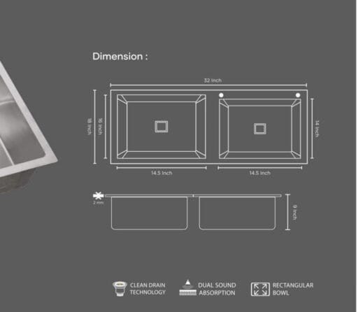 DOUBLE BOWL WITH TAP HOLE 32X18X9 INCH - Image 2